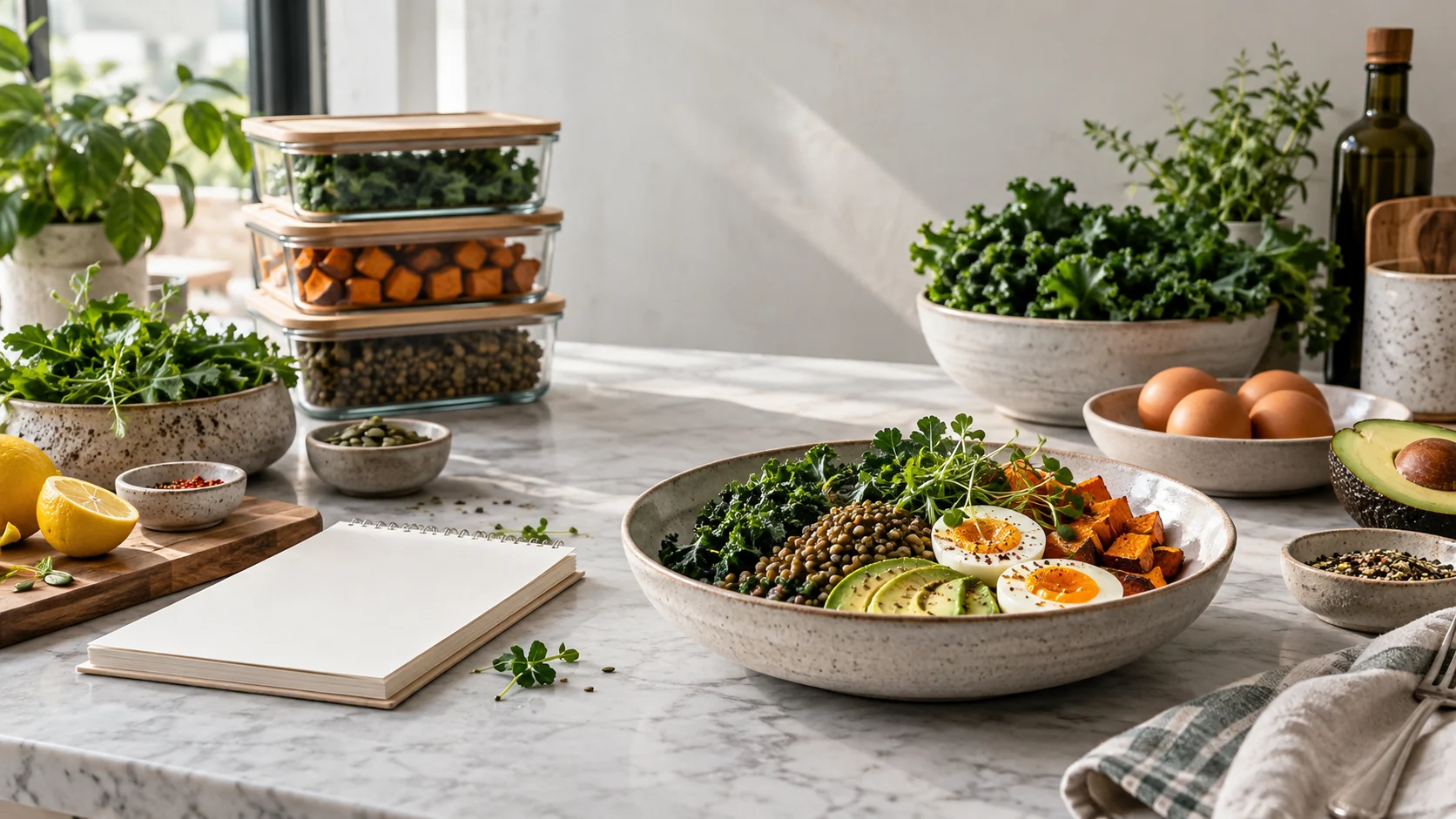Colourful balanced bowl with salmon, avocado, greens, berries and seeds