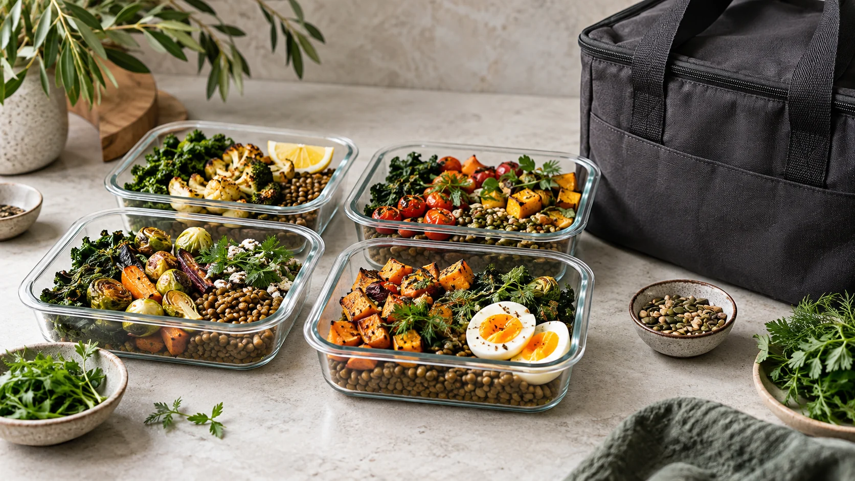 Prepared meals and delivery packaging on a kitchen counter