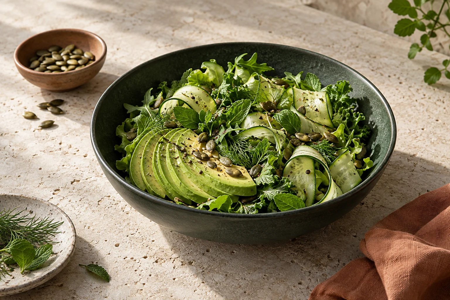 Avocado, cucumber, leafy greens and seeds on a ceramic plate